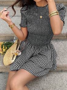 Sunnyshic Women's Red Plaid Elastic Round Neck Petal Sleeve A-Line Hem Fitted Romantic Beach Vacation Mini Dress - Black and White - View 3