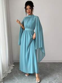 SHEIN Elenzya 纯色立领披肩袖优雅简约长腰收腰连衣裙 - 綠色 - 查看 7