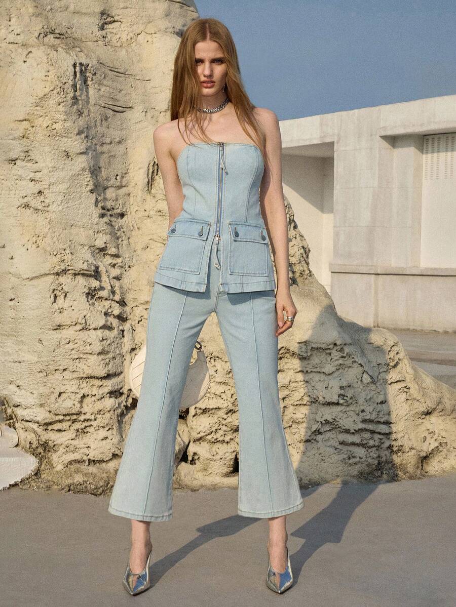 MOTF PREMIUM 拉链式牛仔抹胸上衣，春夏款 - 淺色水洗藍 - 查看 1