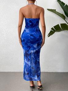 SHEIN x Marika Sila Breezaya 女士吊带褶皱网纱印花连衣裙长款女装 - 藍色 - 查看 2