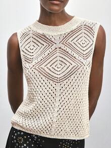 Maija 钩针编织女士无袖几何图案背心，适合海滩度假、春夏穿着 - 杏色 - 查看 4
