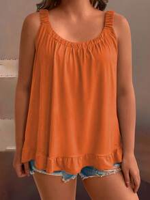 SHEIN Casual Boho Burnt Orange Plus Size Camisole With Scoop Neck And Ruffle Hem Vacation Summer Vacation - Orange - View 4