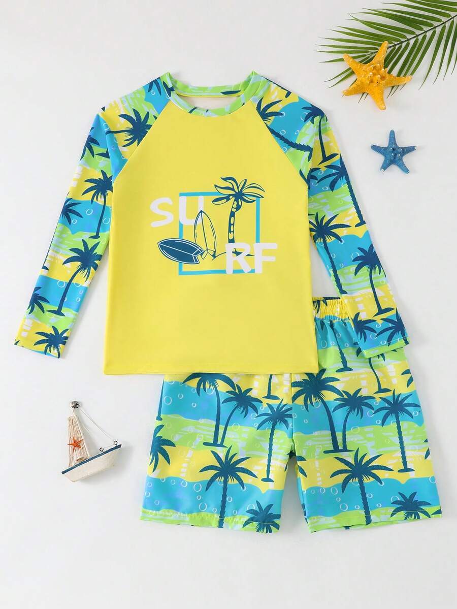 Tween Boys Printed Swim Trunks Swimsuit - Yellow - View 1