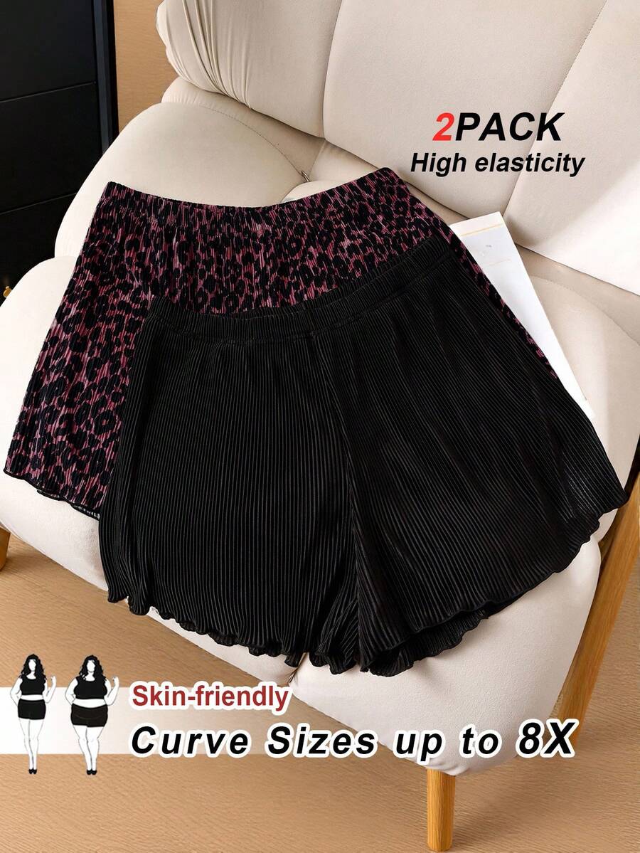 SHEIN CURVE+ Plus Size Summer Casual Leopard Print & Solid Color Pleated Shorts/Graphic Tees - Multicolor - View 1