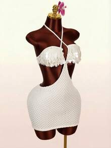 Amplova Women's Beaded Camisole Mini Dress, Sexy Backless Halter Neck With Hollow Waist Design, Suitable For Beach Vacation - White - View 13