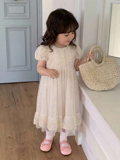 DAZY 女婴/幼儿韩版泡泡袖生日派对珍珠纽扣装饰正式礼服