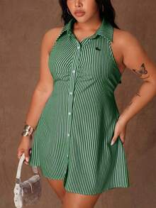 Rustia Plus Size Women Striped Knight Print Single-Breasted Sleeveless Casual Shirt Dress - Army Green - View 4