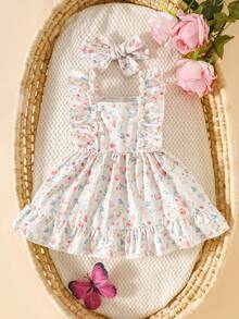 SHEIN 2pcs/Set Newborn Baby Girls Cute Summer Korean Sweet Princess Ditsy Floral Ruffle Bow Dress & Headband Set,Sleeveless High Waist A-Line Cake Dress - White - View 3