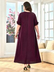 Lacomfia Vestido con cuello redondo, volantes en los puños y largo hasta el tobillo, de estilo árabe, en talla grande y de color liso - Burdeos - Ver 2