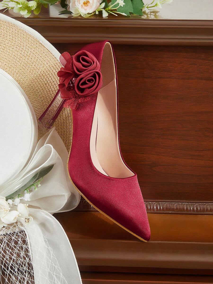CUCCOO HITCHD 优雅的3D立体花卉装饰高跟鞋 - 紅色 - 查看 1