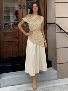 Aloruh Modern Beige Set,Elegant Summmer Vacation One-Shoulder Cinched Waist Metal Buckle Top & Straight-Leg Pants,Dignified Office Wear & Casual Outfits - Multicolor - View 3