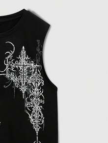 ROMWE MEN 男士休闲时尚街头日常通勤十字印花宽松黑色背心，夏季 - 黑色 - 查看 6