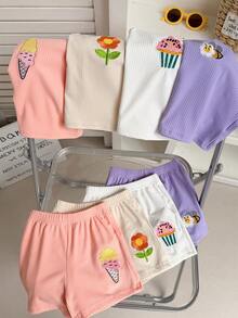 SHEIN Playful Pals 4件套女童/男童夏季休闲可爱套装：粉色/绿色/白色/杏色刺绣吊带背心和配套刺绣短裤，适合日常、街头、户外、运动等场合。 - 彩色 - 查看 4