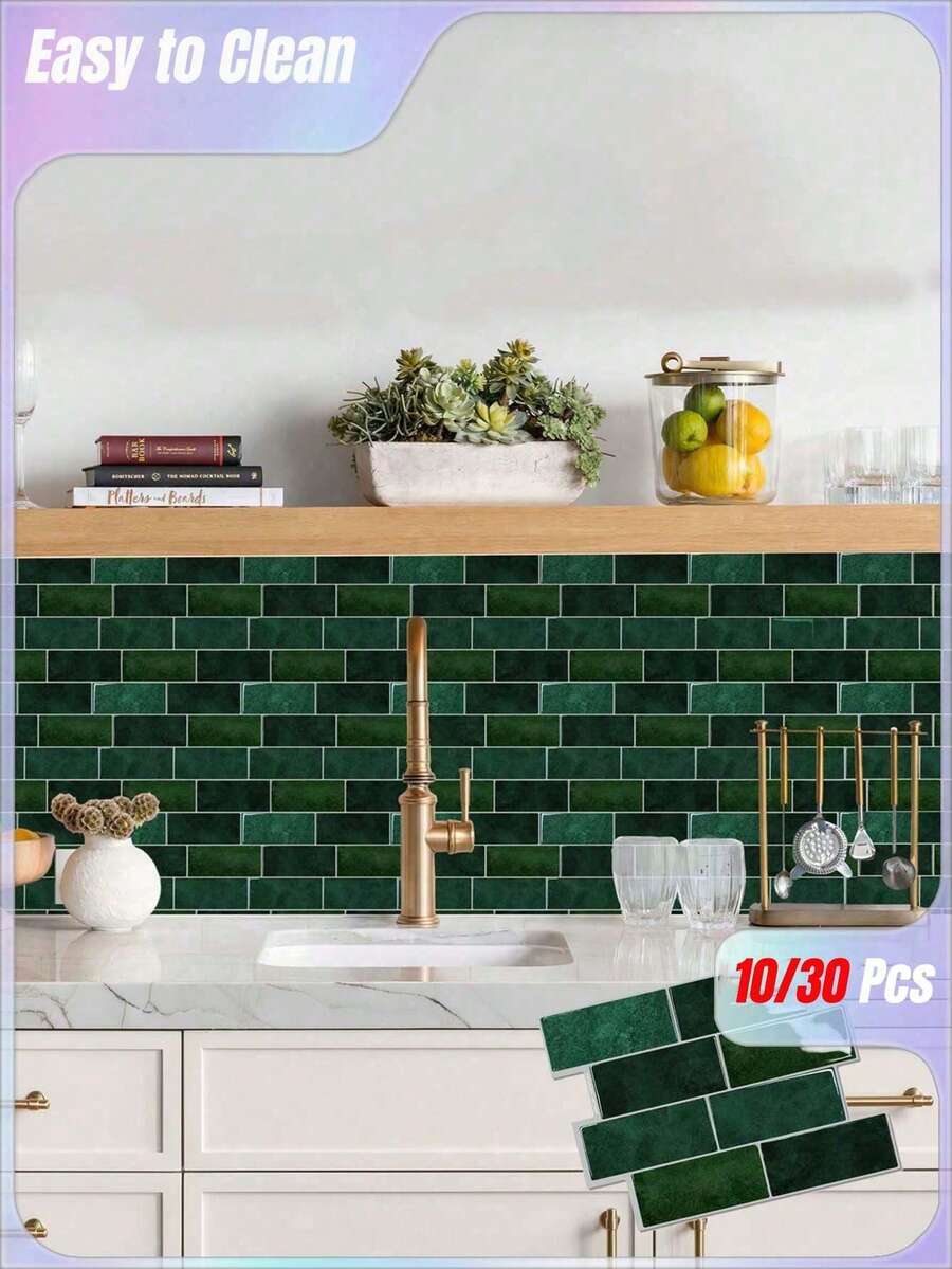 Shiny Home 10/30pcs Green Brick Pattern Imitation Tile Self-Adhesive Wall Stickers, Peel And Stick Wall Tile, Waterproof Wallpaper For Living Room Kitchen Backsplash Bathroom Home,Zellige Style - Green - View 1