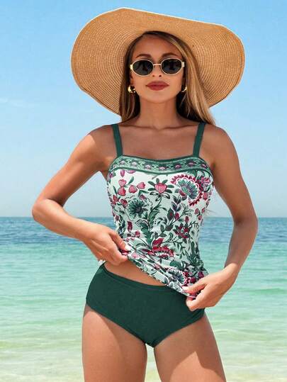 Swim Lushoire Ladies' Random Print Camisole Bikini Top And Solid Color Shorts Set, Beach Leisure Vacation