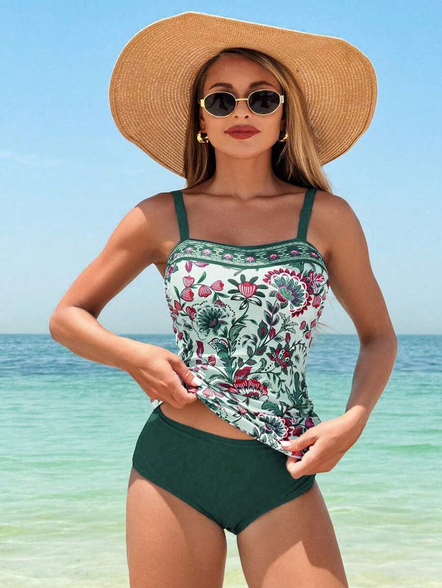 Swim Lushoire Bộ bikini hai dây in họa tiết ngẫu nhiên và quần short màu trơn dành cho nữ, thích hợp cho kỳ nghỉ biển. - màu xanh lá - Xem 1