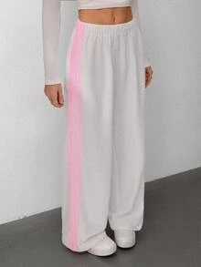 SHEIN Tall White Knit Side Contrast Pink Ribbon Loose Casual Women Sweatpants, Suitable For Spring/Summer - White - View 1