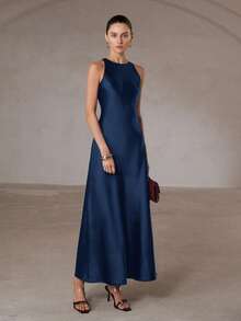 Aveloria Modichic Minimalist Elegant Bias Cut Double-Sided Satin-Like Acetate Fabric A-Line Sleeveless Dress, Flattering - Navy Blue - View 7