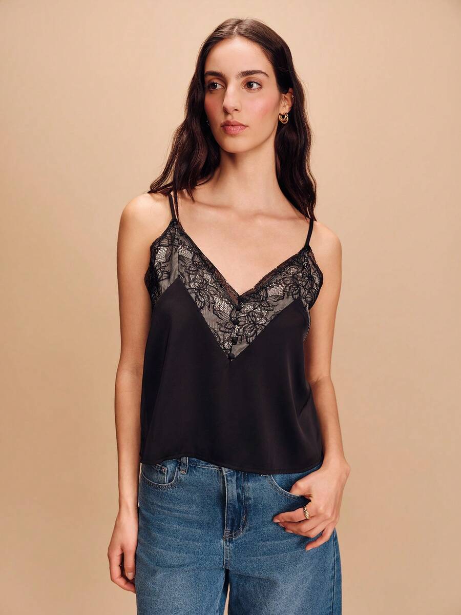 lacRébo Lace Deep V Neckline Cami With Straps Spring Summer Vacation French Style Parisian Style Black Lace Top Cami Tops Black Summer Top Black Satin Top - Black - View 1