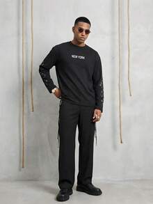 GENIUS ODE Men's Street Style, Short Cut, 3/4 Sleeve T-Shirt, Letter Print T-Shirt - Black - View 5