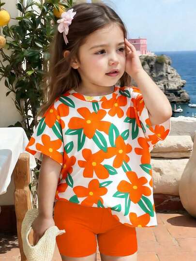 SHEIN Spring And Summer 2-Piece Set: Baby GirlCasual Creative Floral & Leaf Print Short T-Shirt And Orange Bike Shorts, Comfortable Outfit For Spring, Summer And Autumn