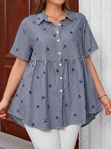 EMERY ROSE Plus Size Open Front Raglan Short Sleeve Striped Bow Print Smock Shirt\Summer\Vacation - Navy Blue - View 4