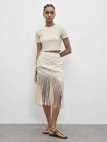 Maija Apricot Women's Skirt With Embroidered Floral Design And Fringe Hem, Elegant - Apricot - View 3