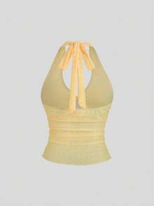 Sweetra 女士黄色波点深V领网纱蕾丝拼接休闲甜美吊带背心，适合海滩度假、音乐节等场合，黄色上衣，夏季女装 - 黃色 - 查看 2