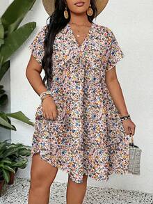 SHEIN LUNE Plus Size Ditsy Floral Vacation Dress - Multicolor - View 3