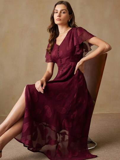 Aveloria Modichic Elegant And Graceful Women's Luxury Exquisite Heavily Embroidered Paisley Cutout Fabric Flounce Sleeve Waist Cinching Flared Midi Dress With Button Decor