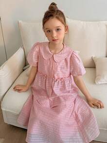 DAZY Tween Girl Solid Color Ruffle Collar Short Sleeve Shirt And Skirt Set Summer - Pink - View 7