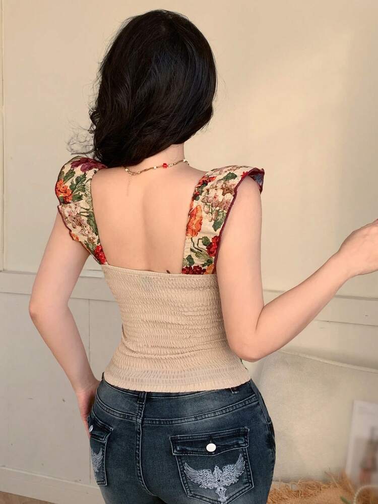 Women's Elegant Floral Ruffle Trim Sleeveless Blouse, Summer,Wedding Guest Dress Women Boho