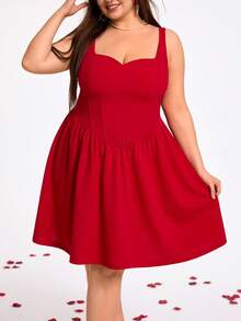 SHEIN CURVE+ CURVE PLUS /Valentine's Day/Plus Size Women's Burgundy Solid Color Bodycon Cami Dress - Red - View 4