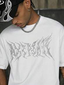 AXEPEAK Men's Casual Fashionable Street Daily Commute Rhinestone Letter Graphic Dropped Shoulder Loose White T-Shirt, Summer - White - View 3