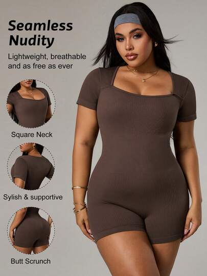 SHEIN Rhythm Era Plus Size Sports Short Sleeve Jumpsuit, Tight Ribbed Yoga Romper, Suitable For Fitness, Workout, Solid Square Neck Shapewear Playsuit