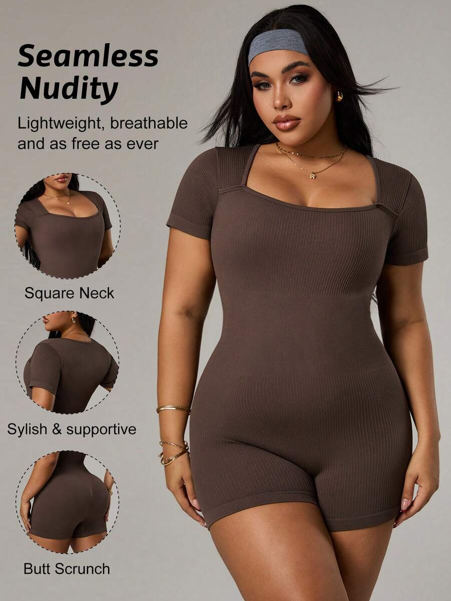 SHEIN Rhythm Era Bộ áo liền quần thể thao tay ngắn cỡ lớn, áo liền quần yoga bó sát có gân, phù hợp cho tập thể dục, luyện tập, áo liền quần định hình cổ vuông màu trơn. - màu nâu - Xem 1