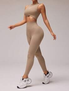 Easithlete Bộ 2 chiếc/Bộ Áo ba lỗ cổ tròn in chữ cho nữ và quần legging cạp cao, Bộ đồ thể thao tập luyện hàng ngày cho nữ Bộ quần legging cho nữ - Màu Khaki - Xem 3