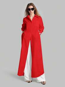 Ontre 2026春夏新款女士休闲宽松度假套装衬衫，红色长款衬衫，女士衬衫，女士纽扣衬衫，通勤装，夏季商务休闲女士度假海滩生日派对服装，女士教师装，女士职业装 - 紅色 - 查看 7