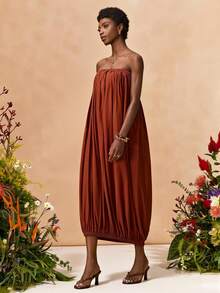 Zivah Women's Elegant Rust Brown Summer Dress,Strapless Ruched Waist Gathered Ruffle Maxi Dress,Boho Loose Solid Color Holiday Vacation Party Midi Dress - Brown - View 10