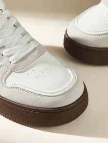 CUCCOO EASI Giày thể thao nữ đế dày, phối màu, mũi tròn, buộc dây, màu trắng, kiểu dáng casual, giày bệt thể thao thời trang cho hàng ngày, giày trắng đơn giản, tối giản, thích hợp cho mùa xuân/thu. - Đen xám - Xem 3