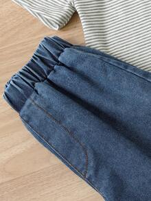 SHEIN 男童夏季休闲条纹针织Polo衫和松紧腰牛仔短裤两件套 - 黑與白 - 查看 6