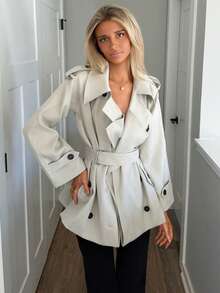 Sydney Algeri 女士时尚优雅双排扣束带风衣法式风衣女装风衣秋冬女装风衣 - 灰色 - 查看 1