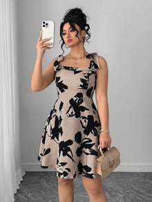 Elenzga Plus Size Women's Elegant Floral All-Over Print Spaghetti Strap Mini Dress,Beige Summer Formal Wedding Guest Vacation Casual Urban Lady Dress - Multicolor - View 5