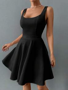 EURMUSE 女士褶饰不对称下摆 A 字形连衣裙 - 黑色 - 查看 3