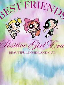 THE POWERPUFF GIRLS X SHEIN Young Girl Casual Vacation & Commute Cute Cartoon Slogan Tie-Dye Print Short Sleeve T-Shirt, Summer - White - View 4