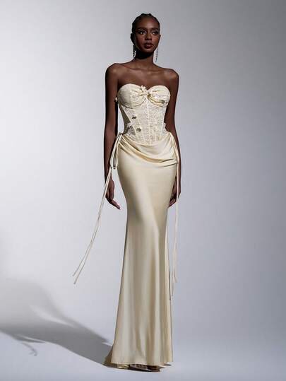 Elitara Elegant Khaki Luxury 3D Embroidered (Butterfly 3D Flower Quantity Random) Beaded Romantic Lace Strapless Waist Mesh Sheer Boned Basque Low Waist Ruched Fishtail Suitable For Date, Vacation, Single Party, Wedding, Prom, Daily Formal Dress For Ladies