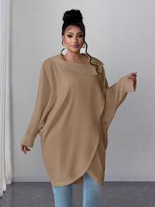 Maweii Plus Size Solid Color Asymmetric Collar Elegant Long Sleeve Blouse - Coffee Brown - View 3