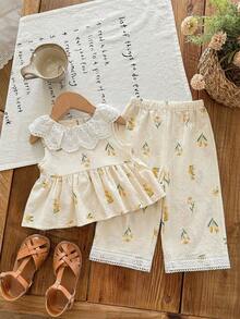 SHEIN Baby Girl Summer Vacation Ditsy Floral Ruffle Hem Top And Pants Set - Multicolor - View 6