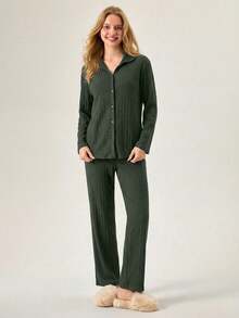Loomlin 100%Cotton Shirt Style Buttoned Striped Dark Blue 2 Pieces Pajama Set - Army Green - View 3