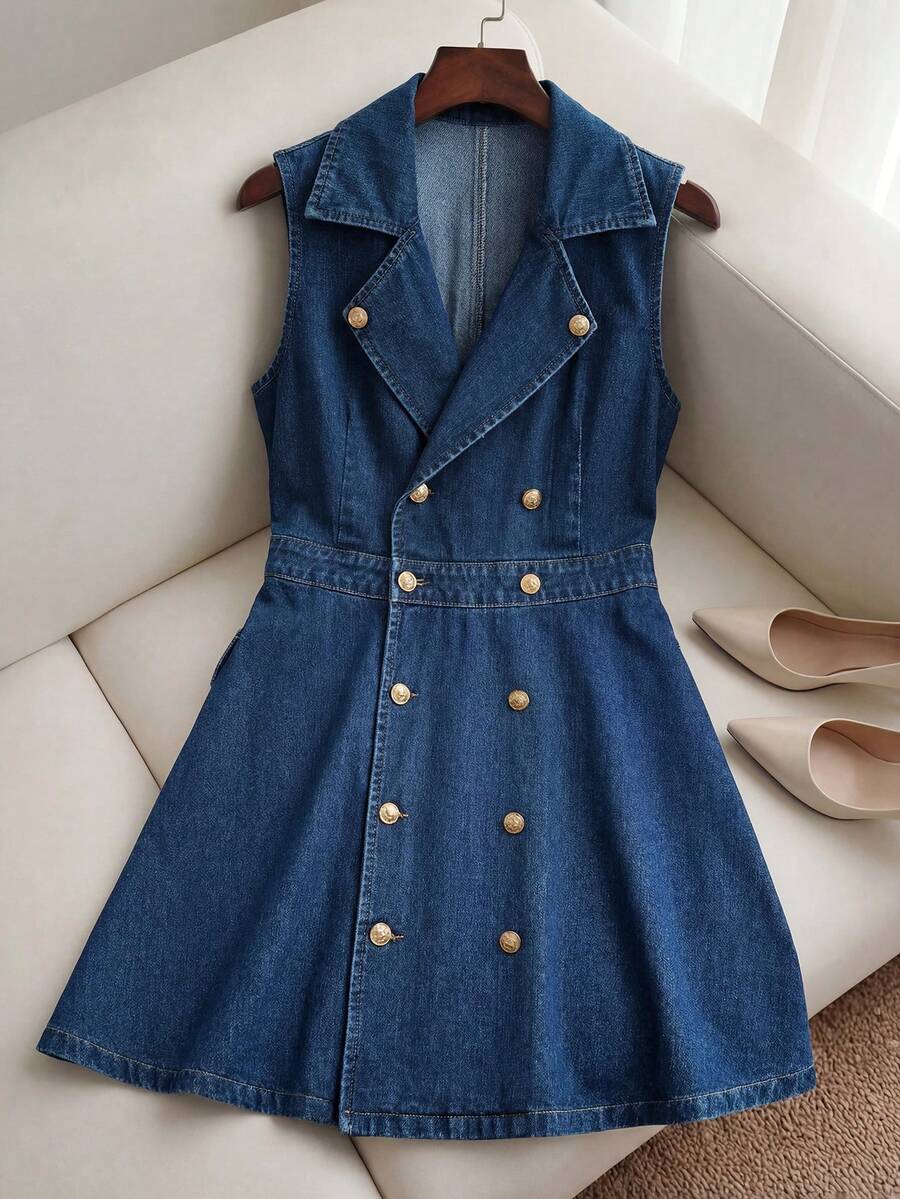 GlowEve Women's Casual Collared Sleeveless Double-Breasted Denim Dress, Summer - Blue - View 1
